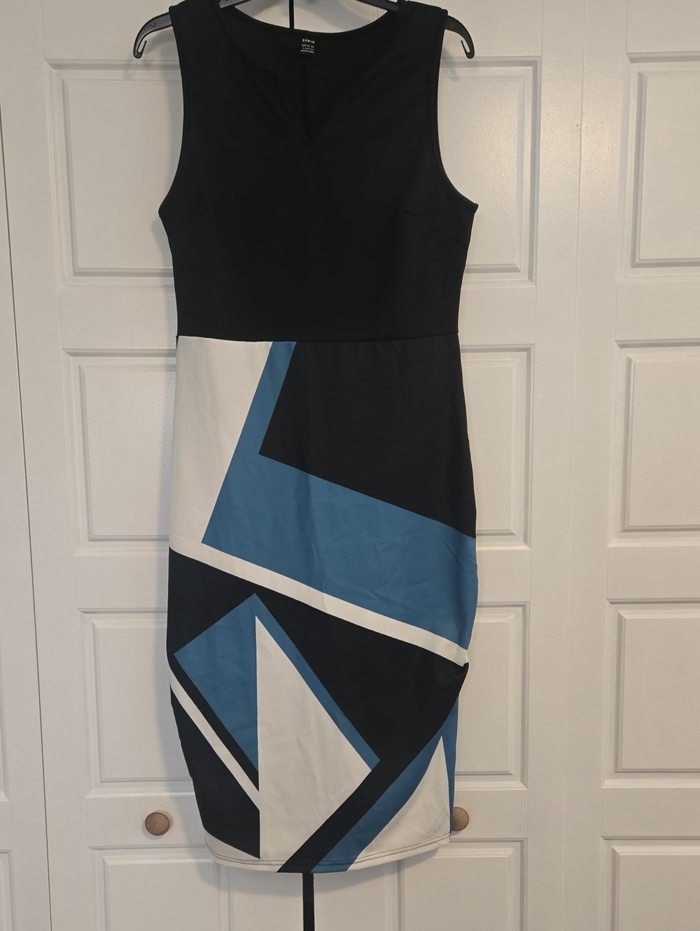 Black Dress with Blue & White Geometric Panels